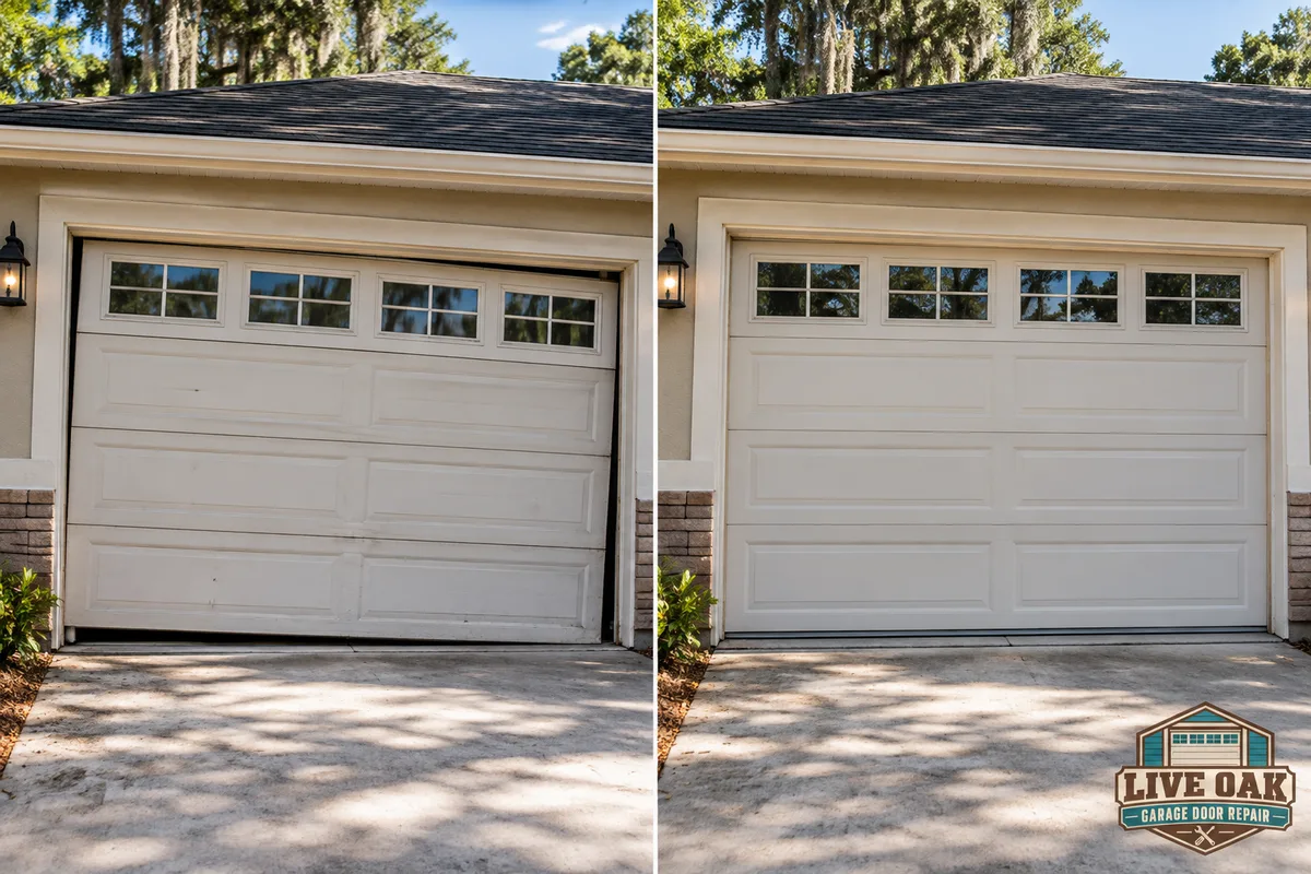 Before-and-after view of a residential sectional garage door restored from crooked tracks to level alignment