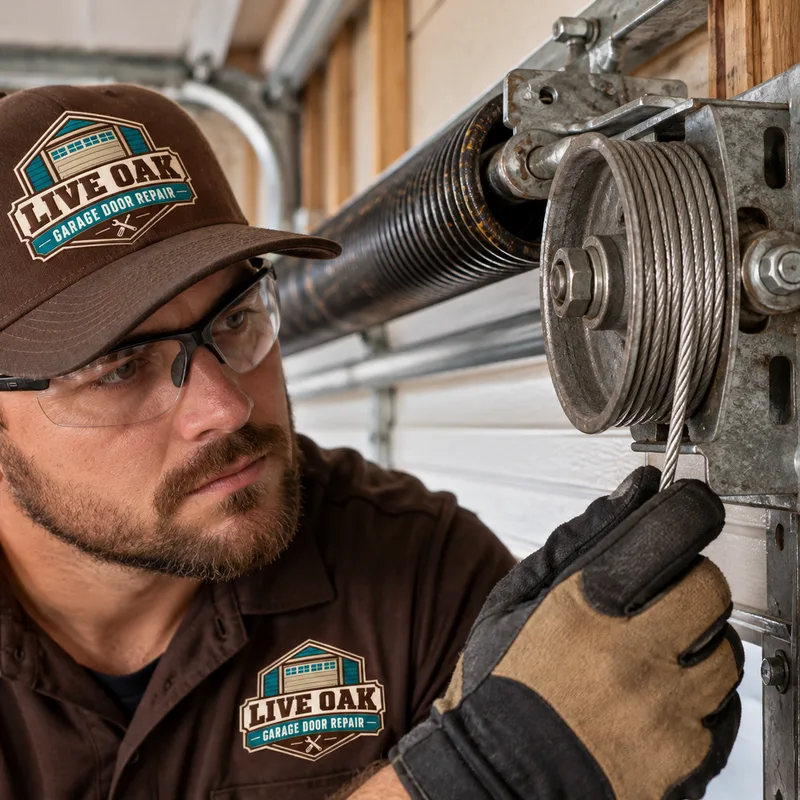 Garage door spring, cable drum, lift cable, and bearing plate during a condition inspection