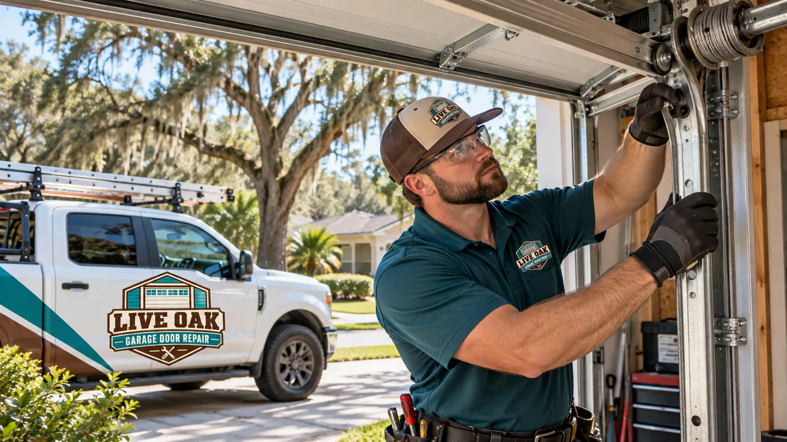 Residential garage door technician inspecting rollers, hinges, tracks, and cables on an open sectional door