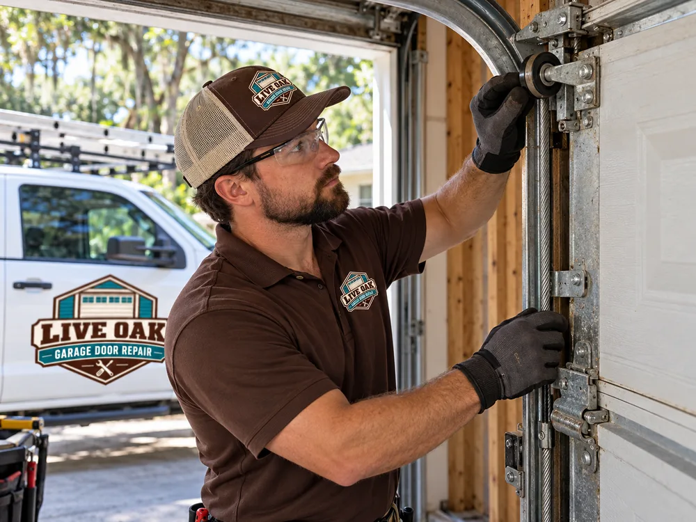 Technician checking a residential garage door track, roller, lift cable, and mounting brackets for wear and alignment