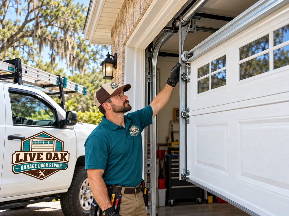 Repaired residential garage door moving evenly on aligned tracks with intact rollers and lift cables