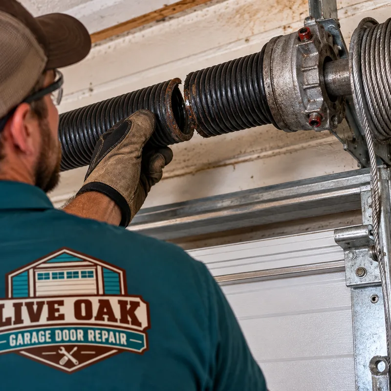 Separated torsion spring coil above a garage door with its winding cone, shaft, cable drum, and lift cable visible