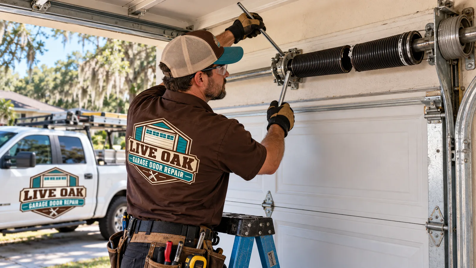 Residential garage door technician replacing a broken torsion spring above a closed sectional door using winding bars and hand tools