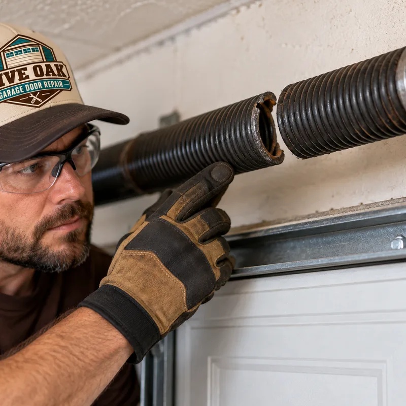 Close view of a separated torsion spring coil above a closed residential garage door