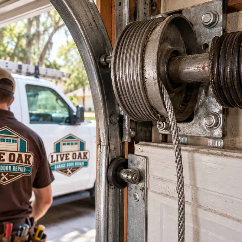 Close view of a garage door lift cable that has come off its drum, with the door stationary and the hazardous area clearly avoided