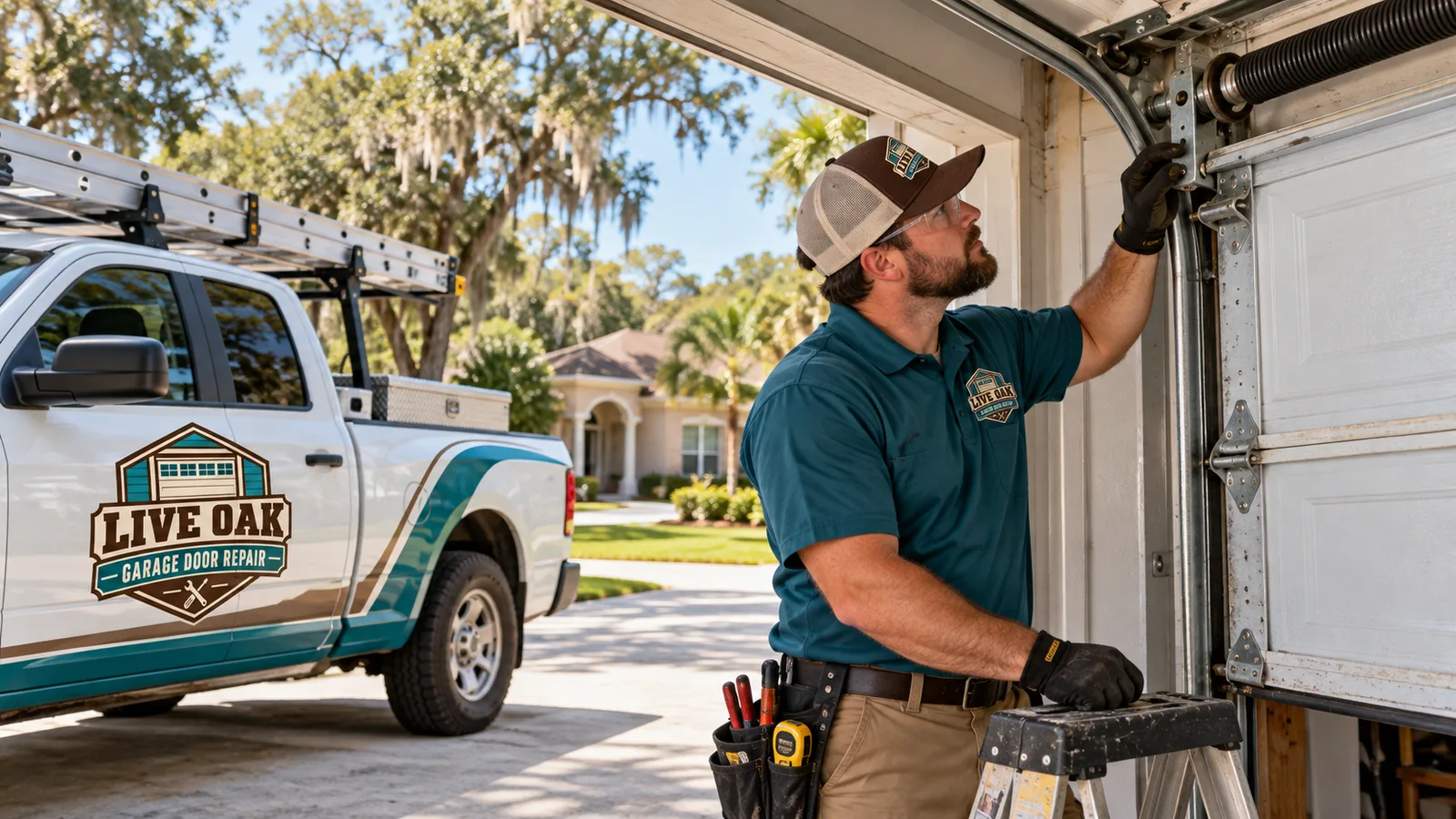 A residential garage door technician inspecting a jammed sectional door with the vehicle safely kept clear of the work area