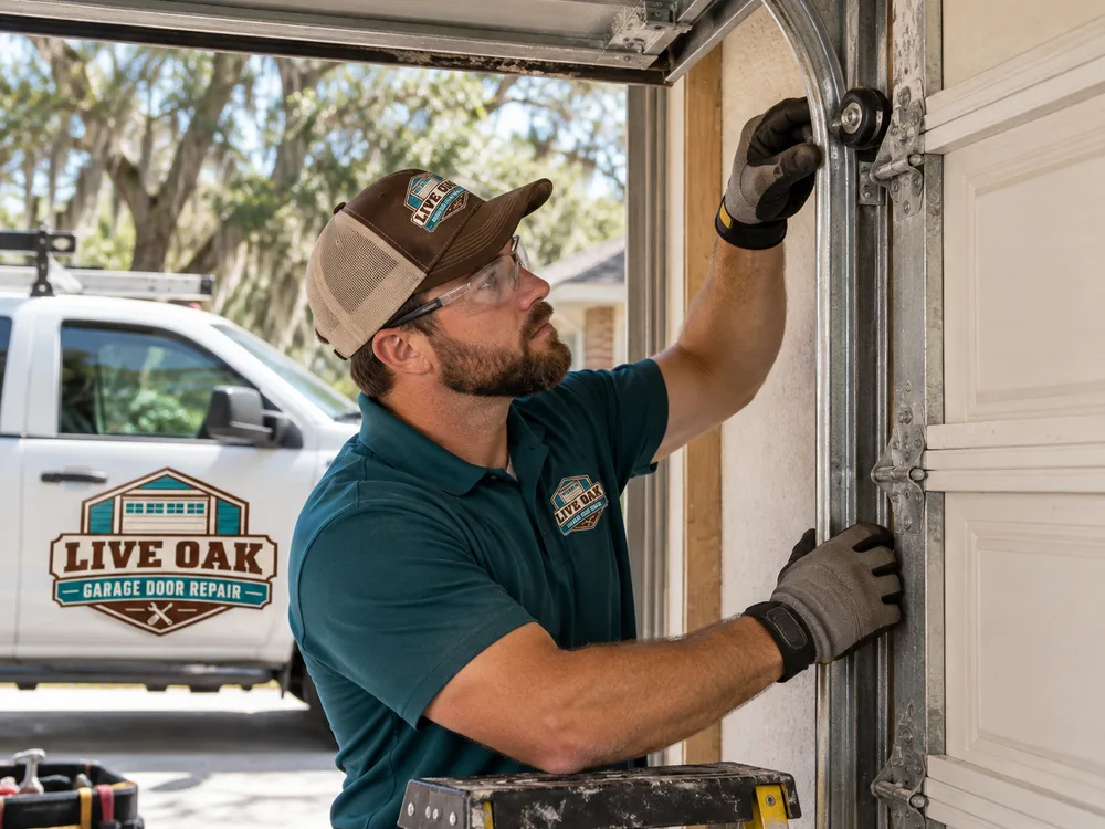 A technician checking roller position and vertical track alignment on a stationary sectional garage door