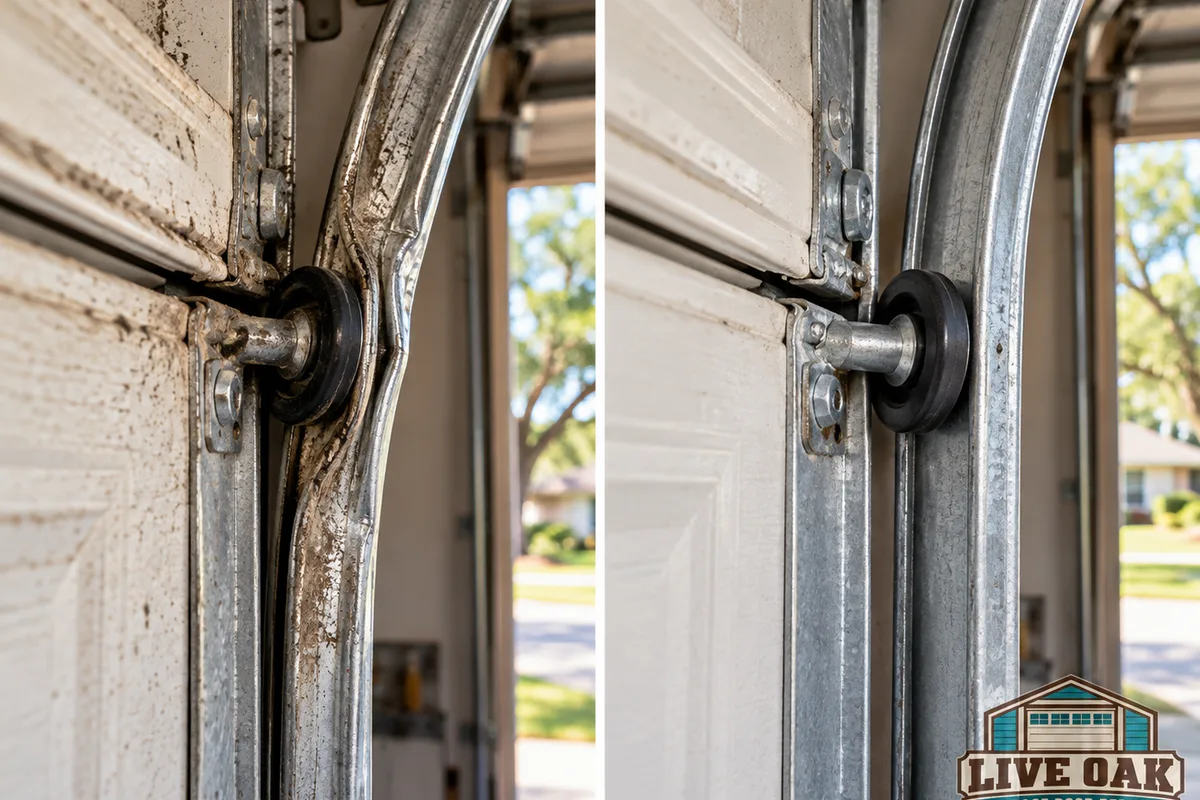 Side-by-side comparison of a bent garage door track with a roller forced against the lip and the same opening after alignment