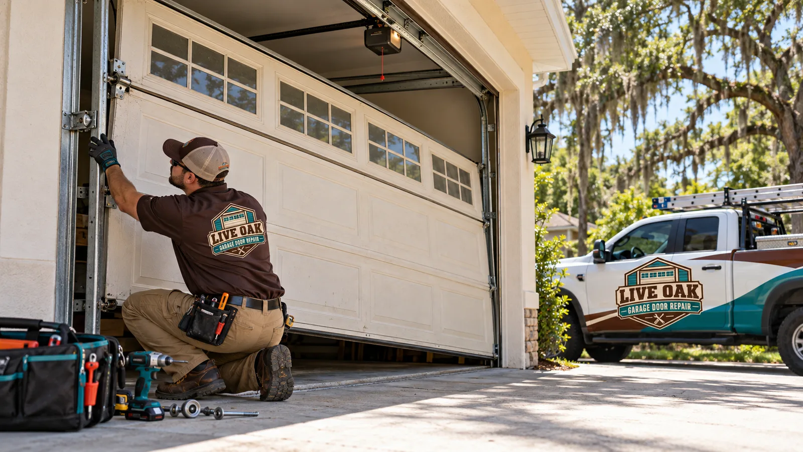 Residential garage door sitting visibly crooked in its tracks while a technician inspects the displaced rollers and vertical track