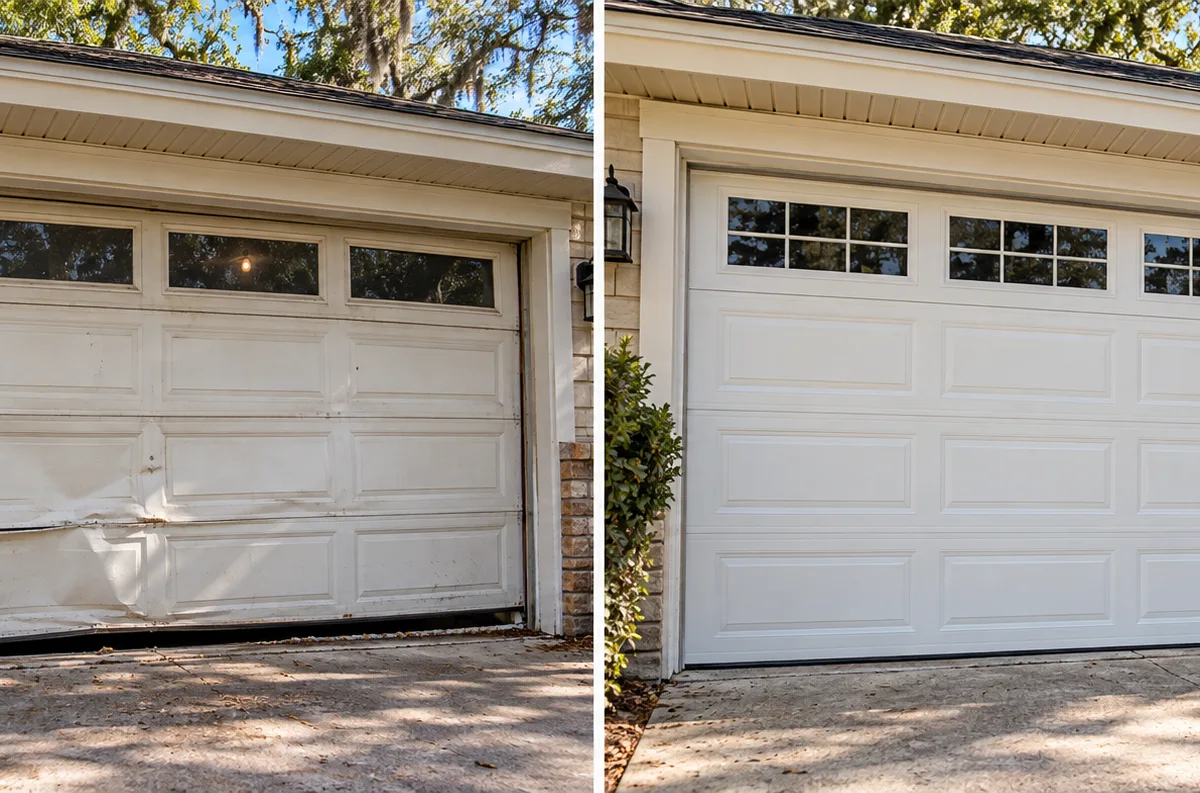 A realistic side-by-side view of a dented, poorly sealing garage door and its replacement with a fitted insulated steel sectional door