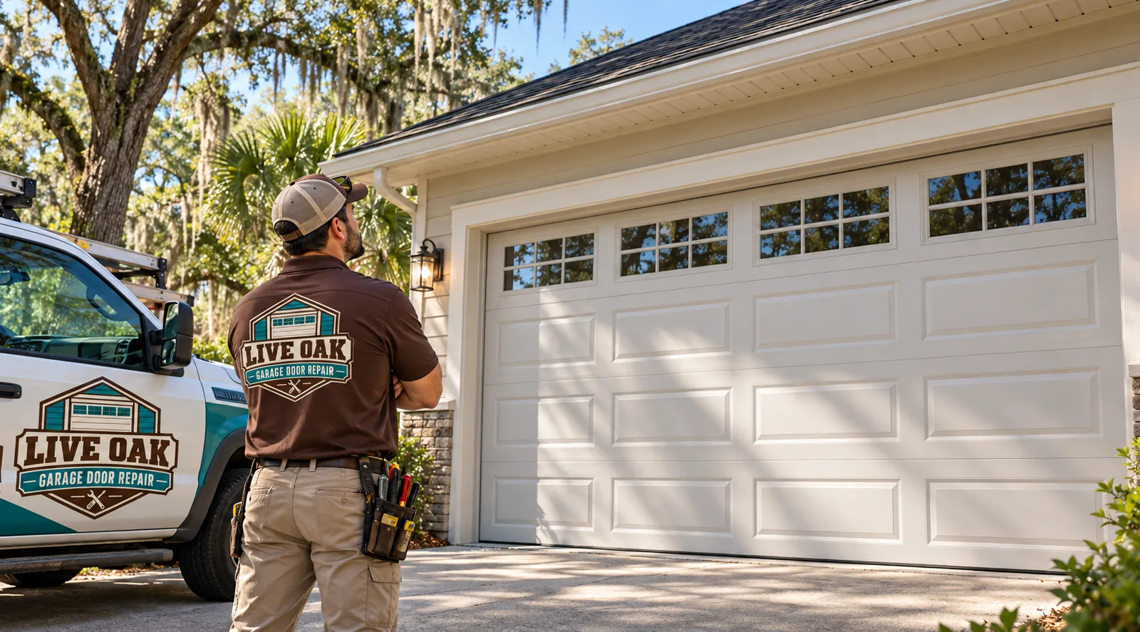 A newly installed insulated steel garage door on a Live Oak, Florida home, shown closed and aligned cleanly within the opening