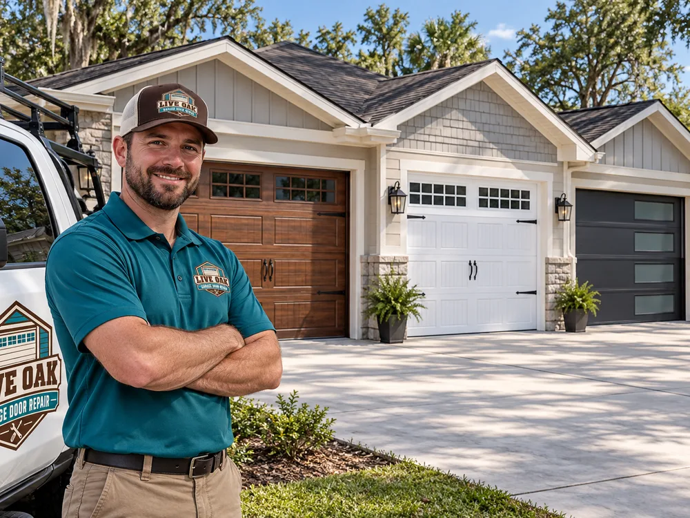 Several residential steel garage door panel designs and neutral factory finishes displayed on comparable home exteriors