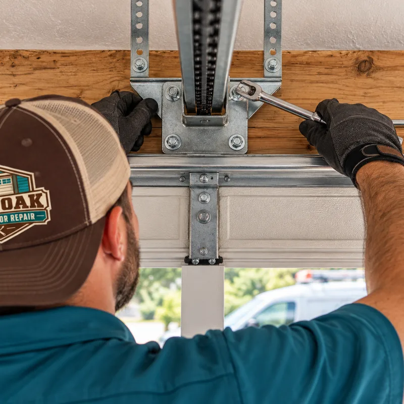 Close view of a garage door opener header bracket and rail aligned at the center of the door