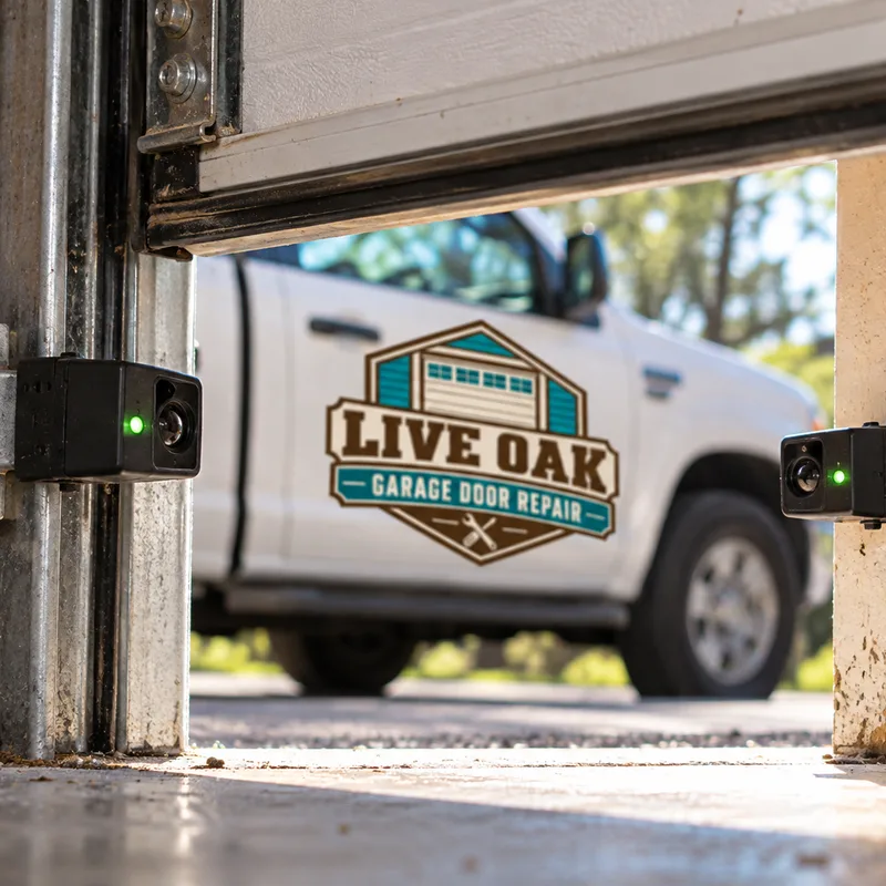 Pair of correctly positioned photo-eye safety sensors facing each other across a garage door opening