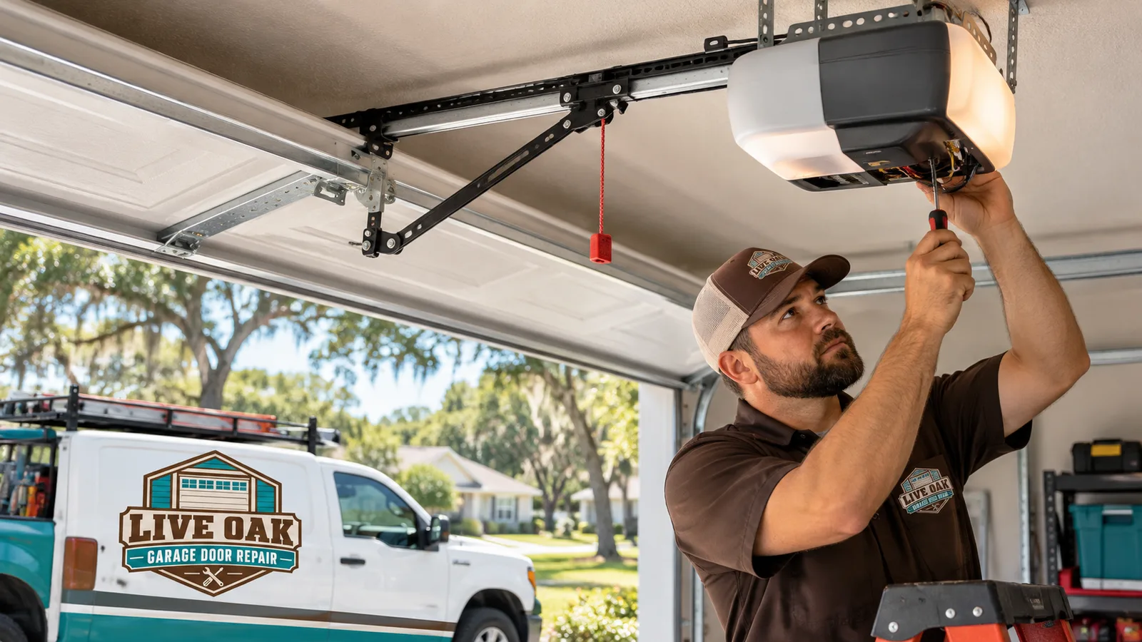 Residential garage door opener mounted to the ceiling with the motor housing, rail, trolley, and door arm clearly visible