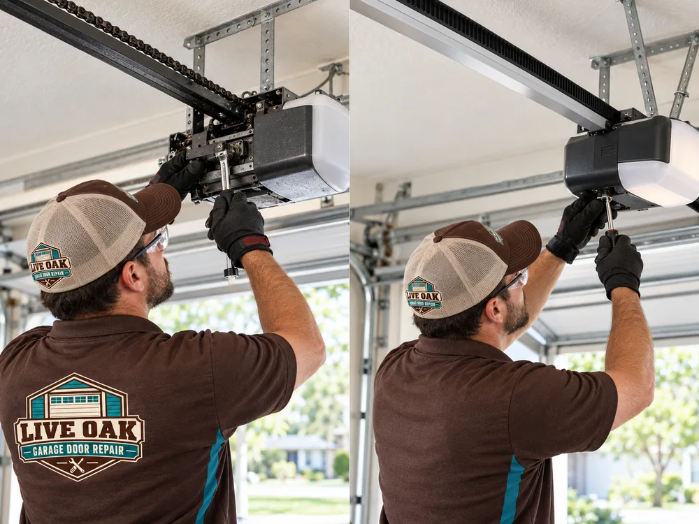 Comparison of residential chain-drive and belt-drive garage door opener rails and motor units installed in clean garage settings