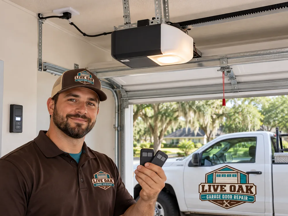 Finished residential belt-drive garage door opener installation with neatly routed wiring, wall control, and remote transmitters
